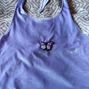 purple velvet cropped butterfly tie up top.